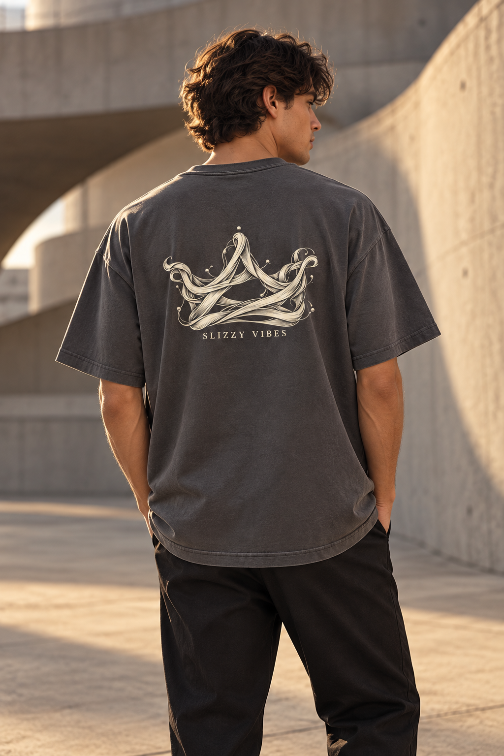 AI-created campaign image — Crown Study campaign model in Faded Coal tee with flowing ivory crown back print