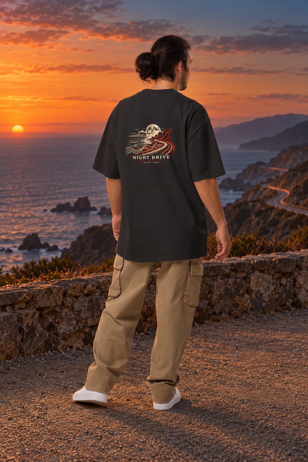 AI-created campaign image — Night Drive campaign model at a coastal road overlook at dusk